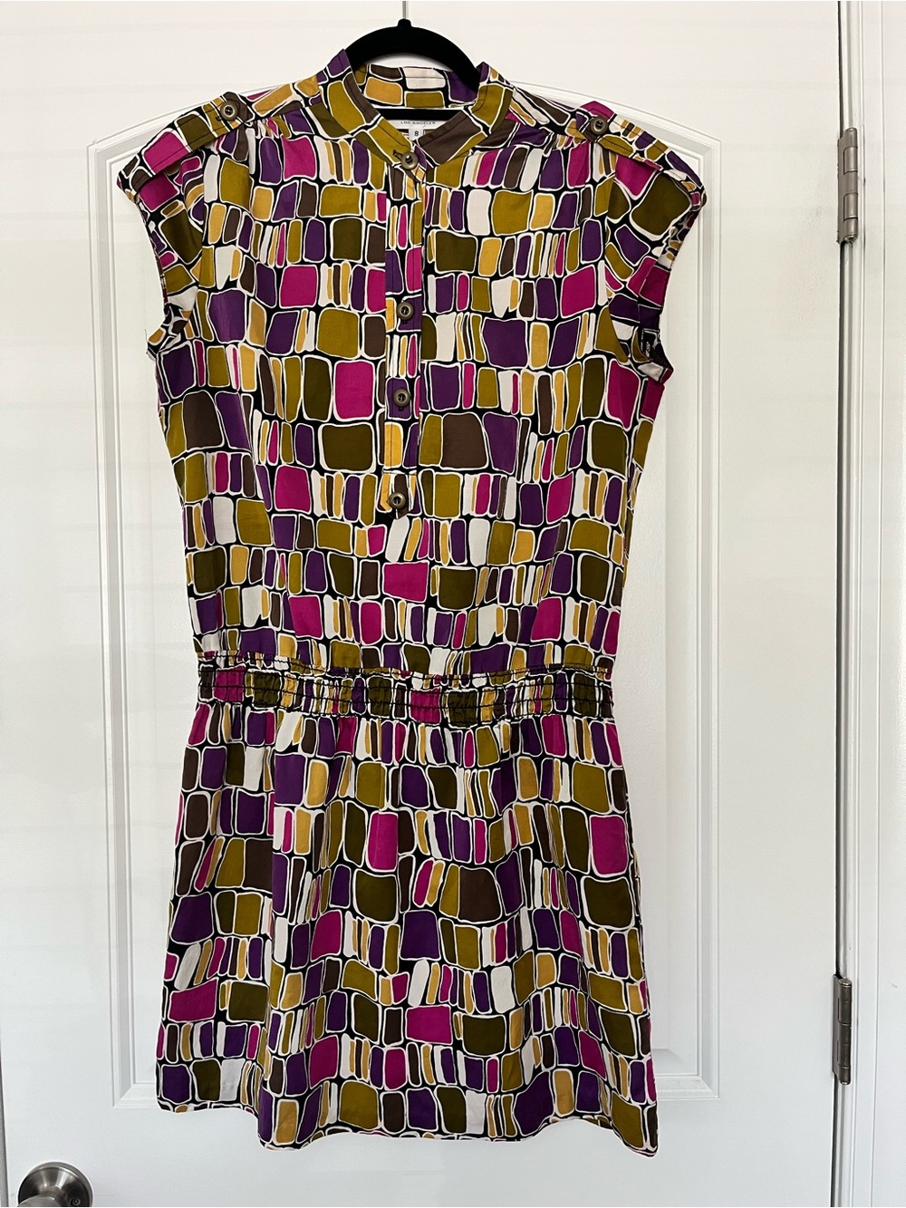 Trina Turk Geo-Print Cap Sleeve Silk Blend Mini Dress in Magenta Olive & Purple